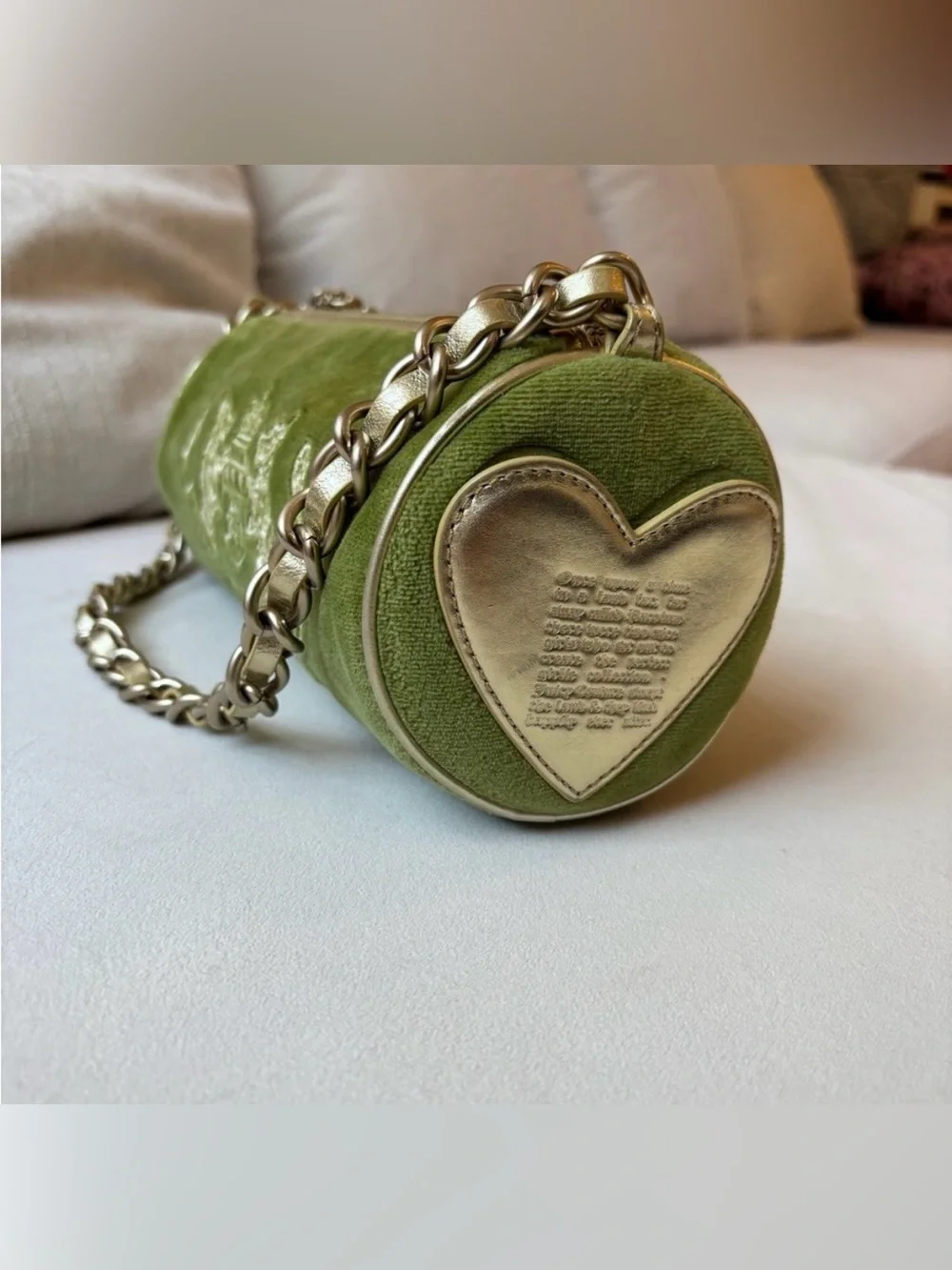 JUICY COUTURE Olive Velvet Logo Shoulder Bag with Chain Strap